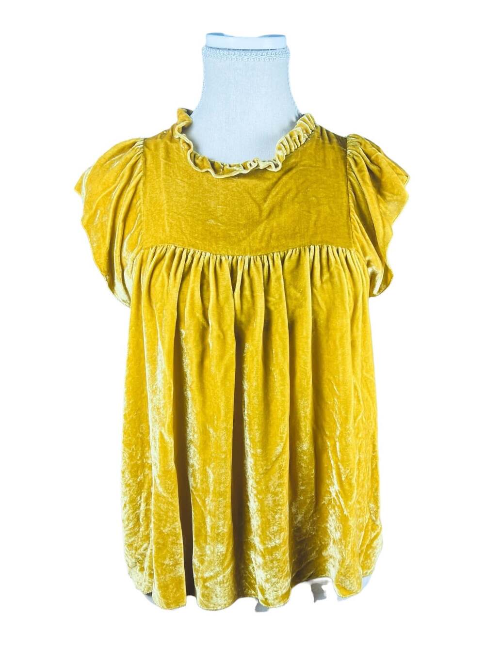 Ulla Johnson Giles Gold Velvet Babydoll Blouse Ruffle Mock Neck Size 6